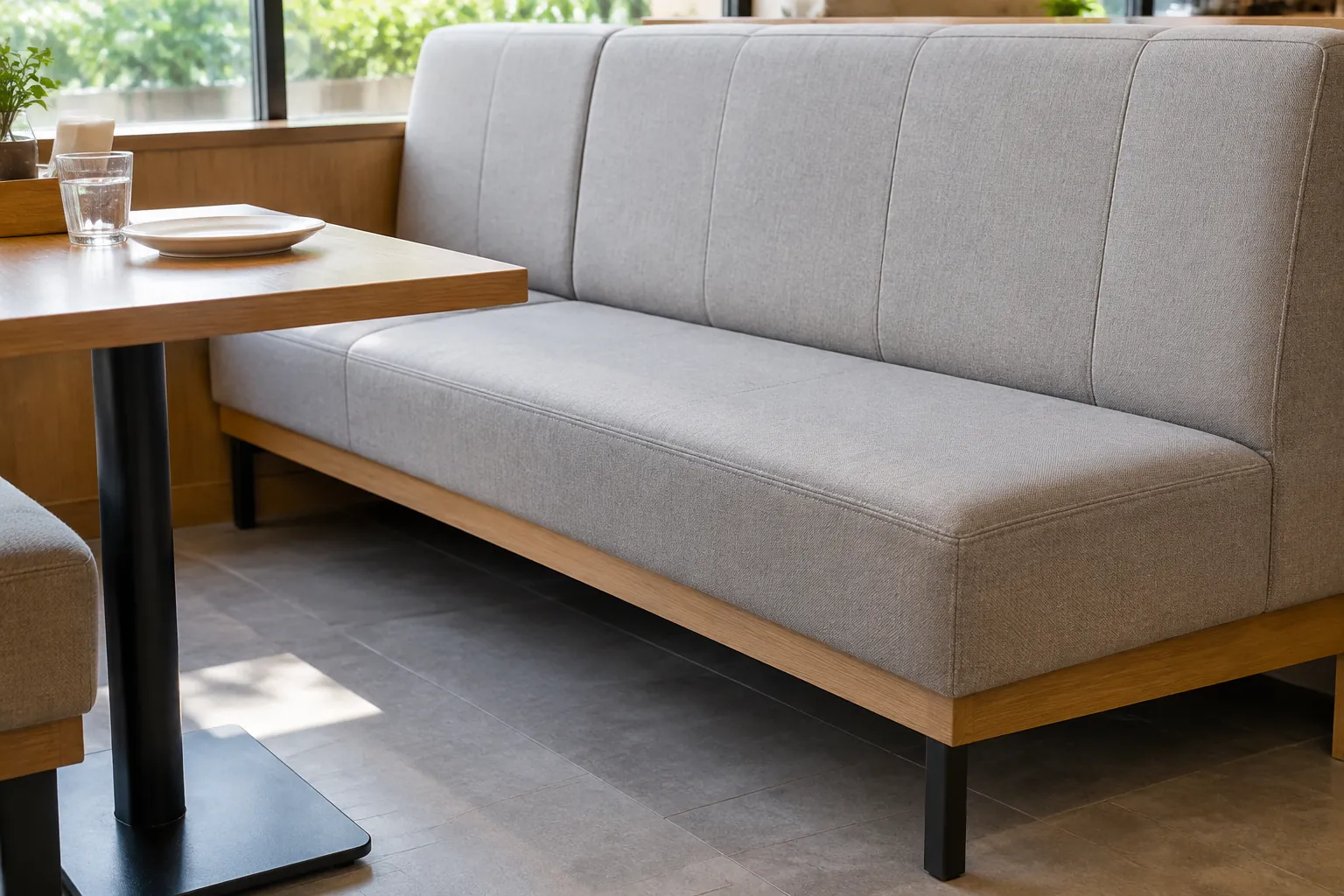 Sofa kafe berlapis kain dekat meja kecil