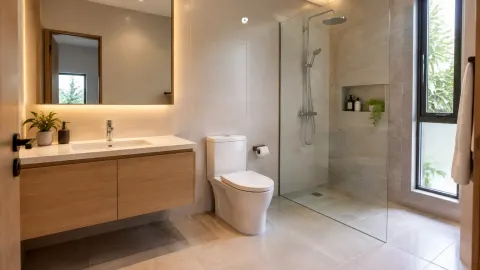Kamar mandi dengan pancuran kaca, wastafel dan lampu cermin
