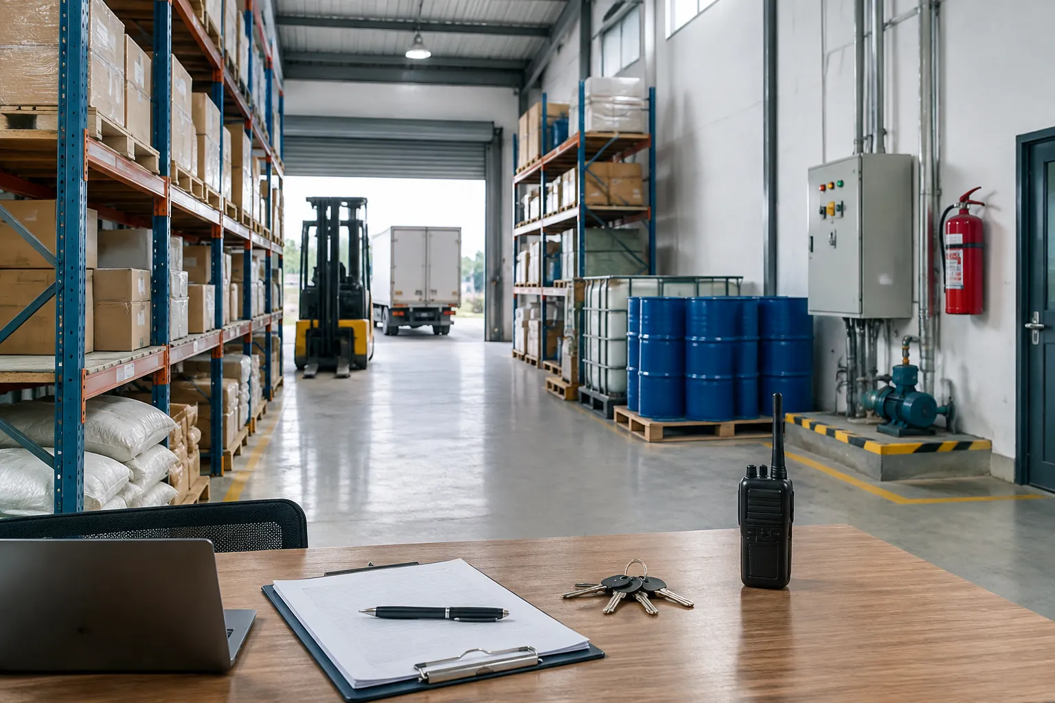 Rak barang, jalur forklift, dan alat keselamatan berada pada satu area gudang