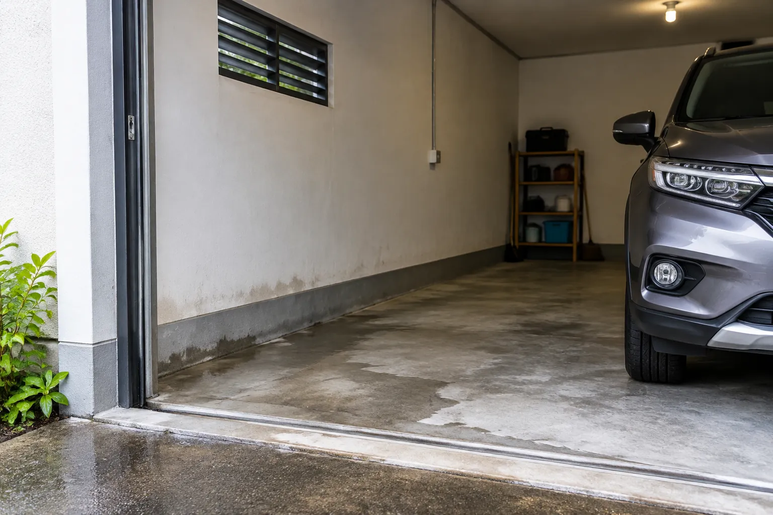 Garasi dengan kisi ventilasi dan kendaraan terparkir