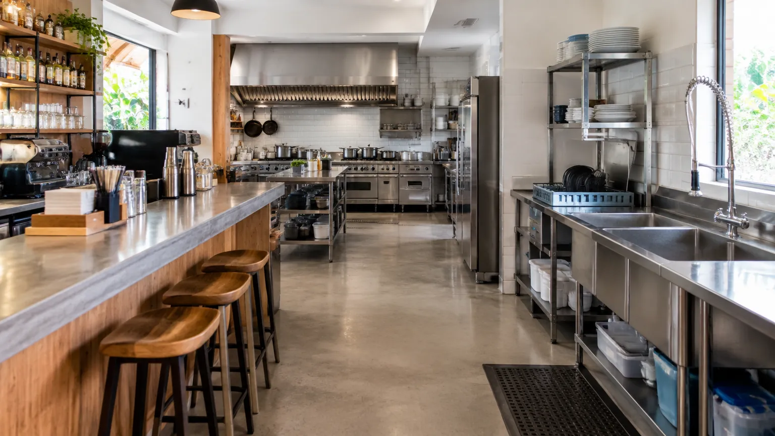 Bar, dapur, dan area cuci terlihat dalam ruang kafe