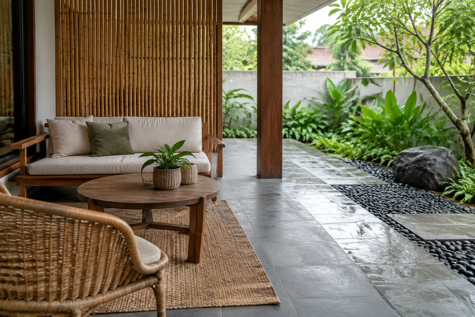 Furnitur kayu dan anyaman di teras dengan tanaman