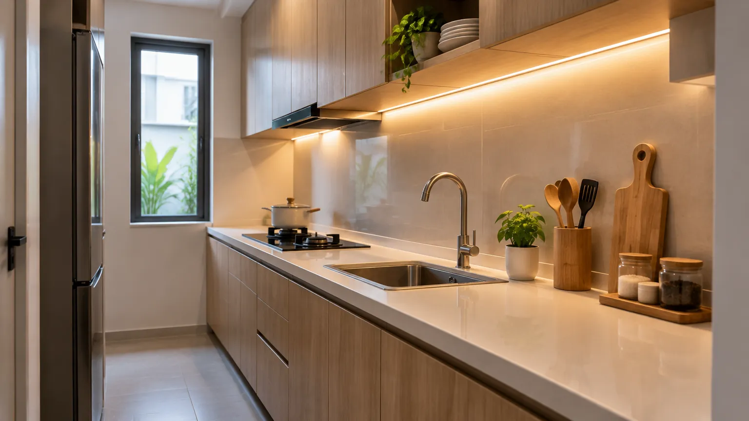 Dapur sempit dengan kabinet memanjang dan jendela