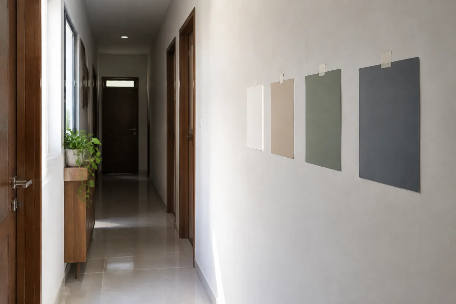 Contoh warna berbeda dipasang pada dinding lorong yang lebih gelap
