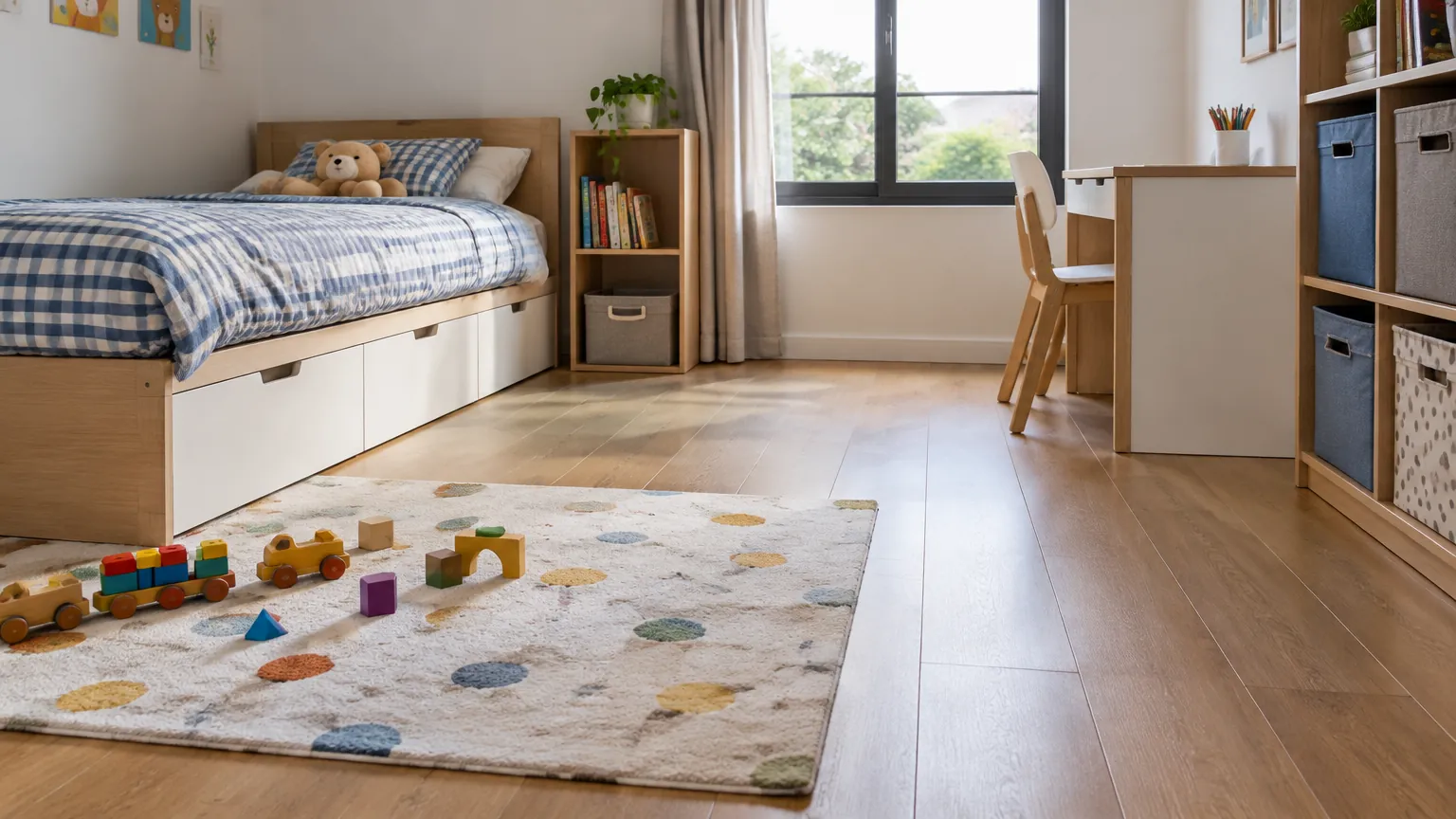Lantai kamar anak dengan karpet dan area bermain
