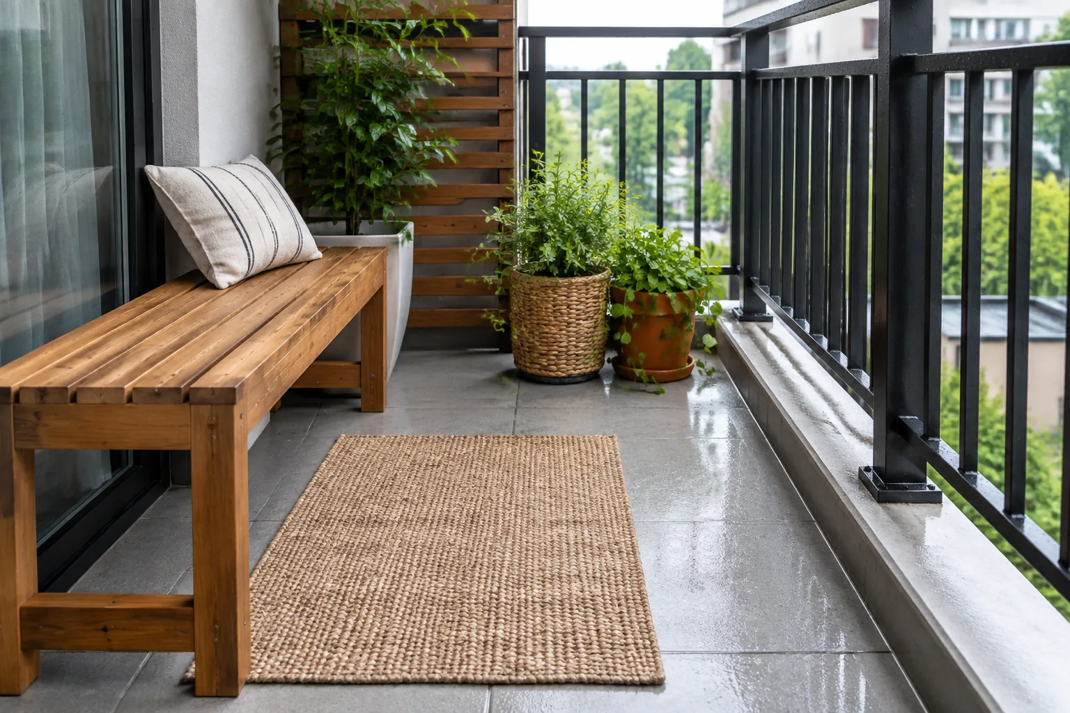Bangku kayu, karpet, dan tanaman pada balkon