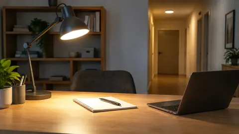 Lampu meja menerangi permukaan kerja
