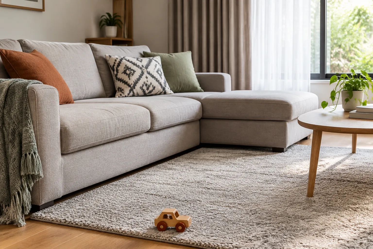 Sofa bertekstur lembut dan karpet di ruang keluarga
