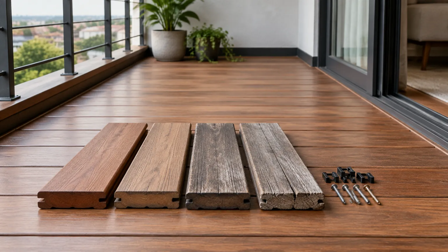 Papan kayu dan alat pemasangan diletakkan di lantai balkon