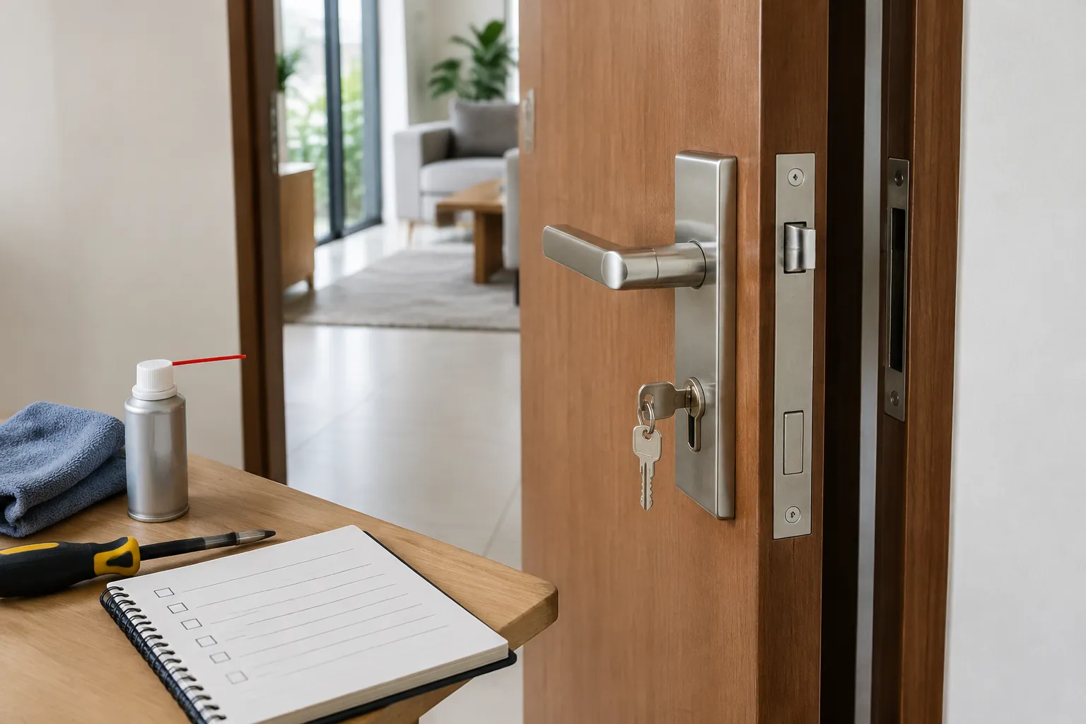 Pintu kayu terbuka dengan kunci dan buku catatan