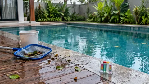 Daun dan genangan di dek dekat kolam seusai hujan