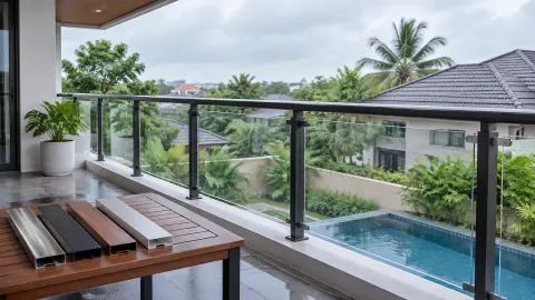 Railing kaca pada balkon terbuka dengan contoh profil di meja
