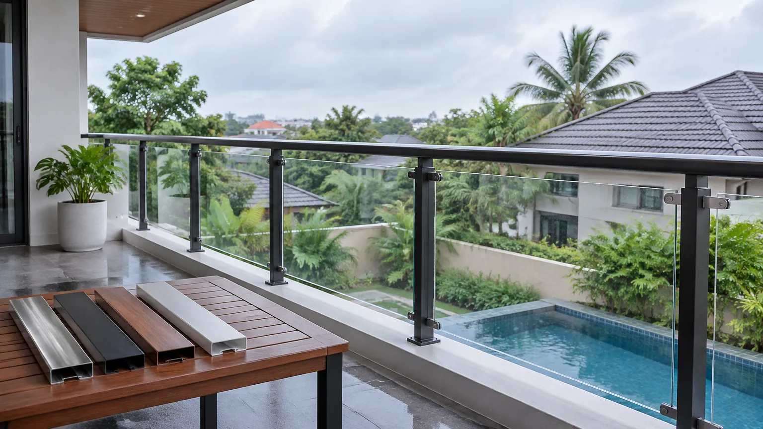 Railing kaca pada balkon terbuka dengan contoh profil di meja