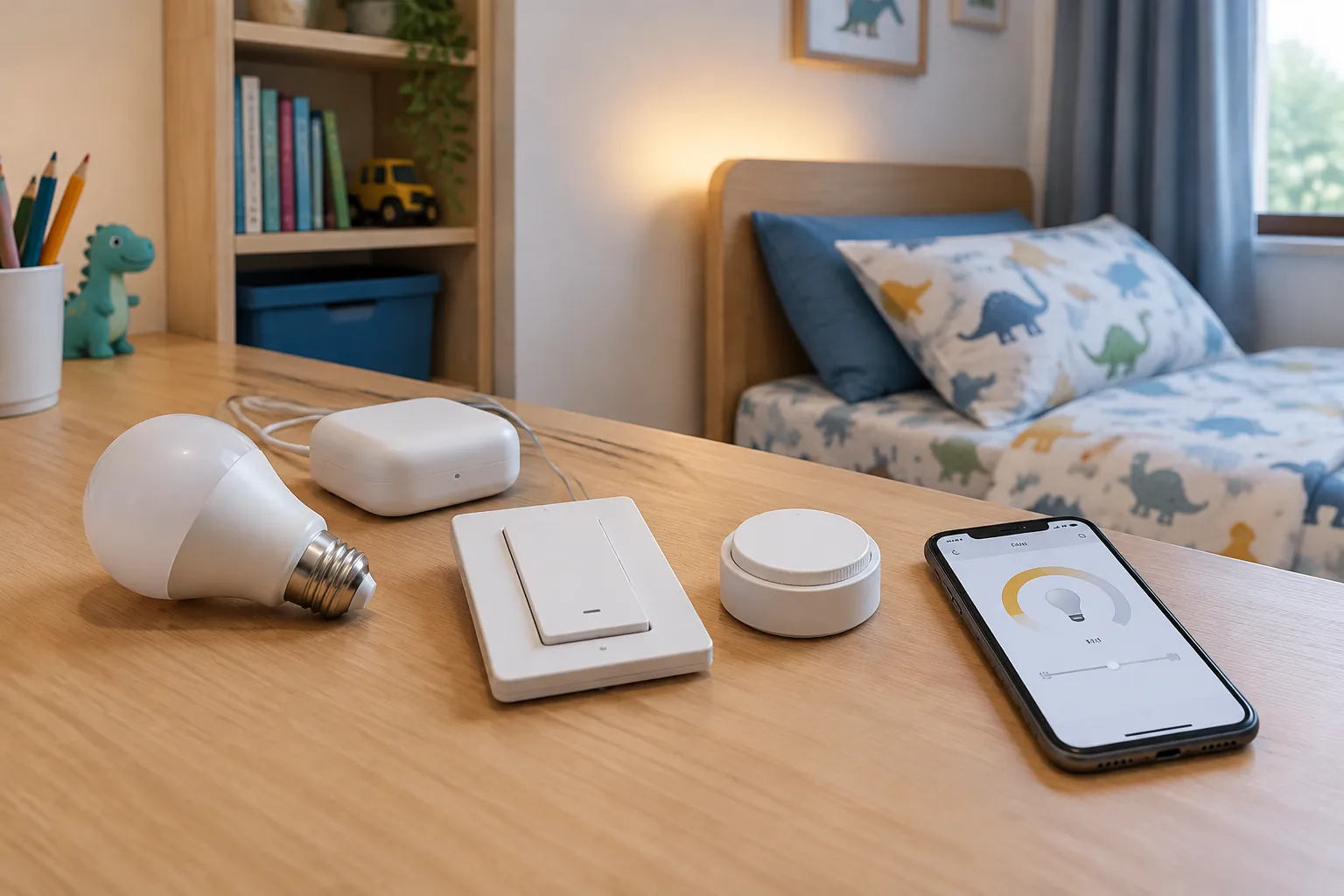 Lampu, sakelar, perangkat kontrol, dan ponsel di meja kamar anak