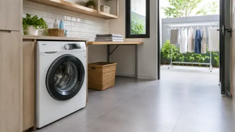 Ruang cuci dengan mesin dan tempat jemur dekat pintu