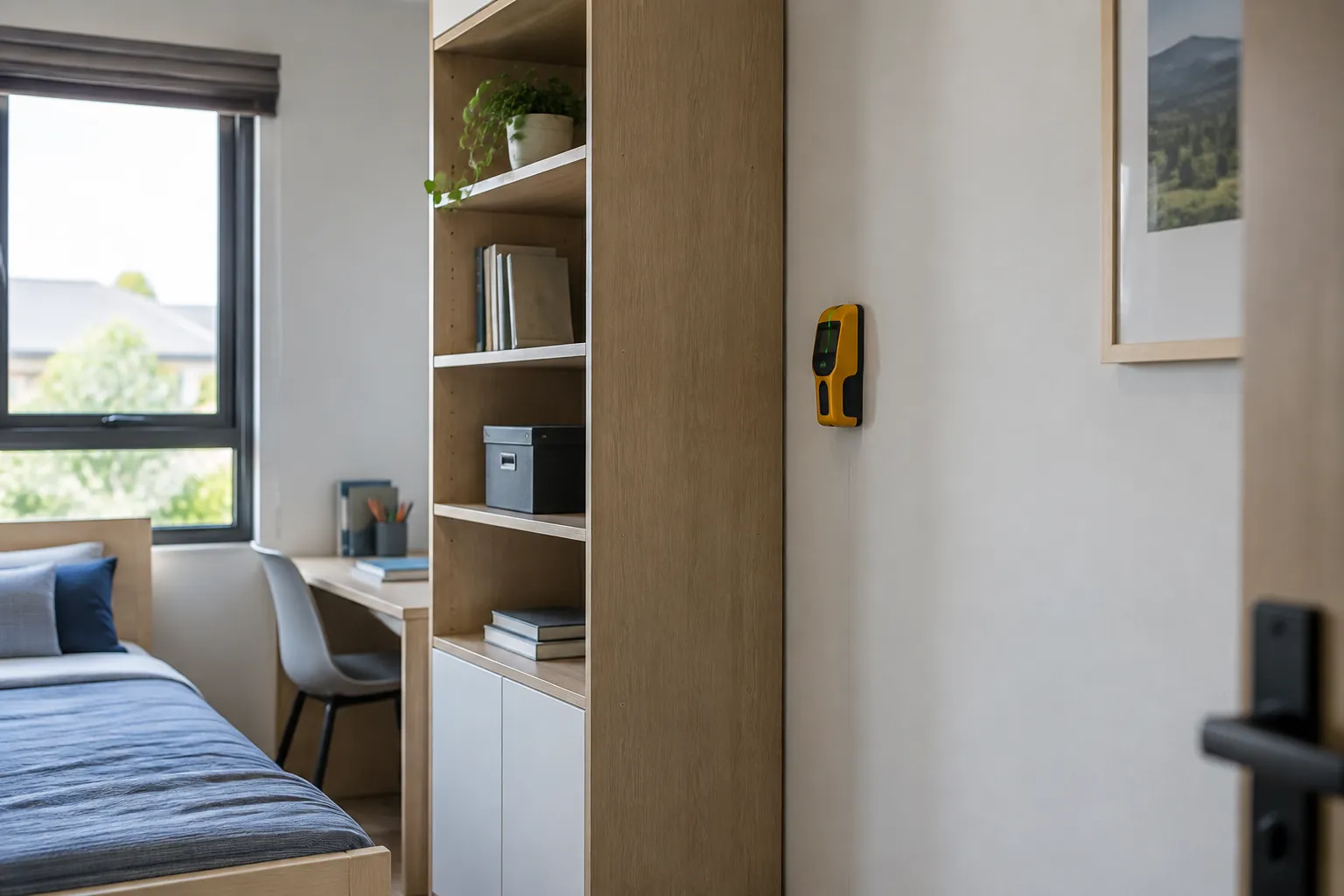 Rak tinggi di kamar remaja dengan alat pemeriksaan dinding