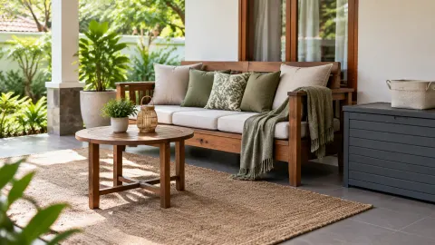 Sofa dan meja kecil di teras beratap dengan tanaman hijau