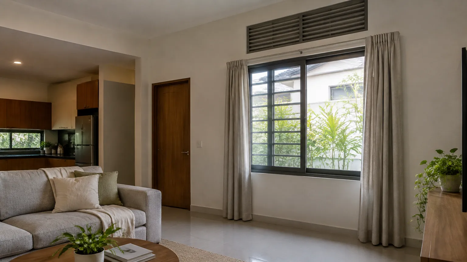 Ruang tamu dengan jendela besar dan kisi ventilasi di atasnya