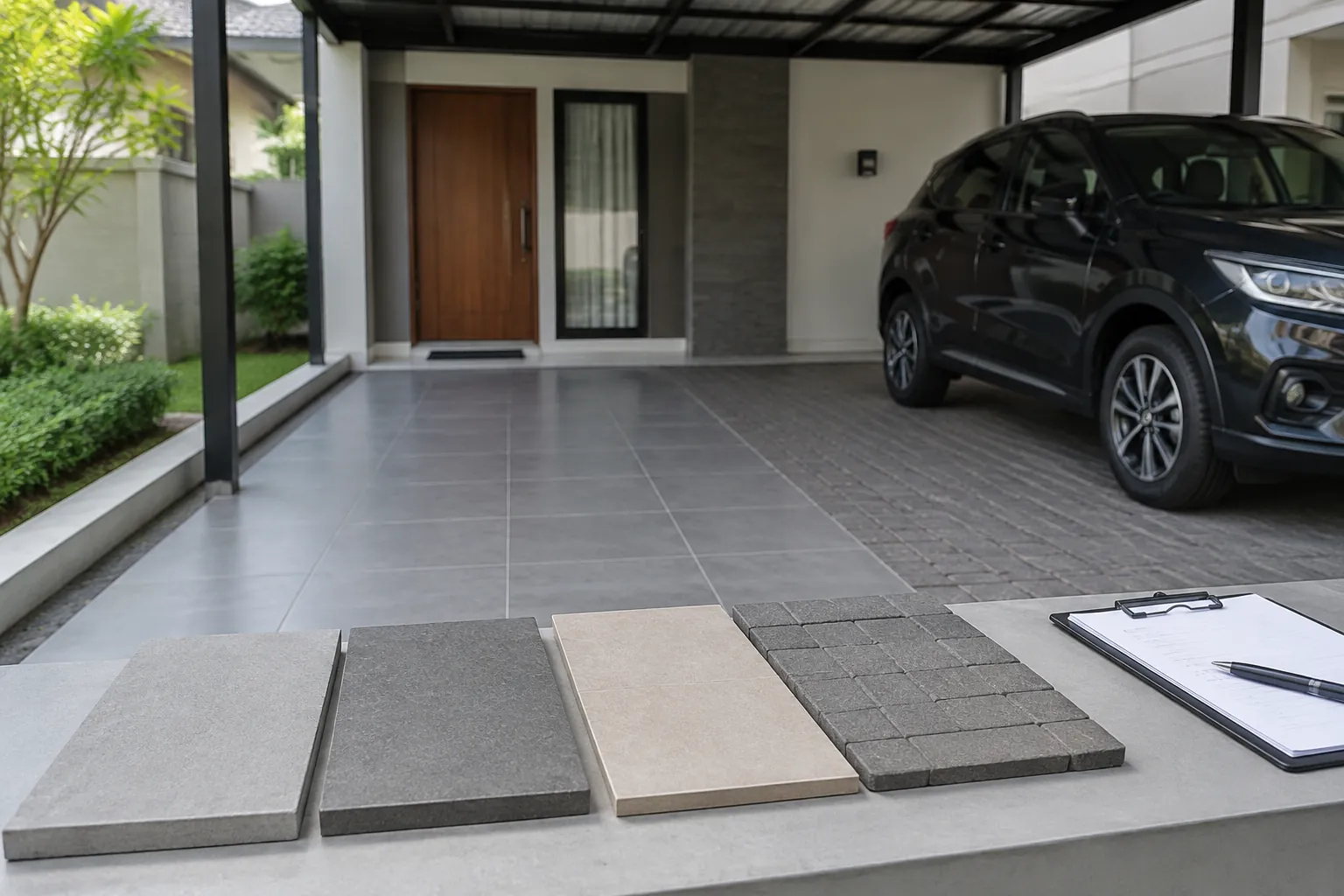 Sampel bahan lantai di depan carport beratap