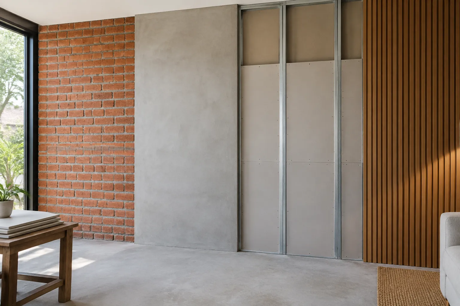 Dinding contoh dengan bata, beton, panel, dan bilah kayu