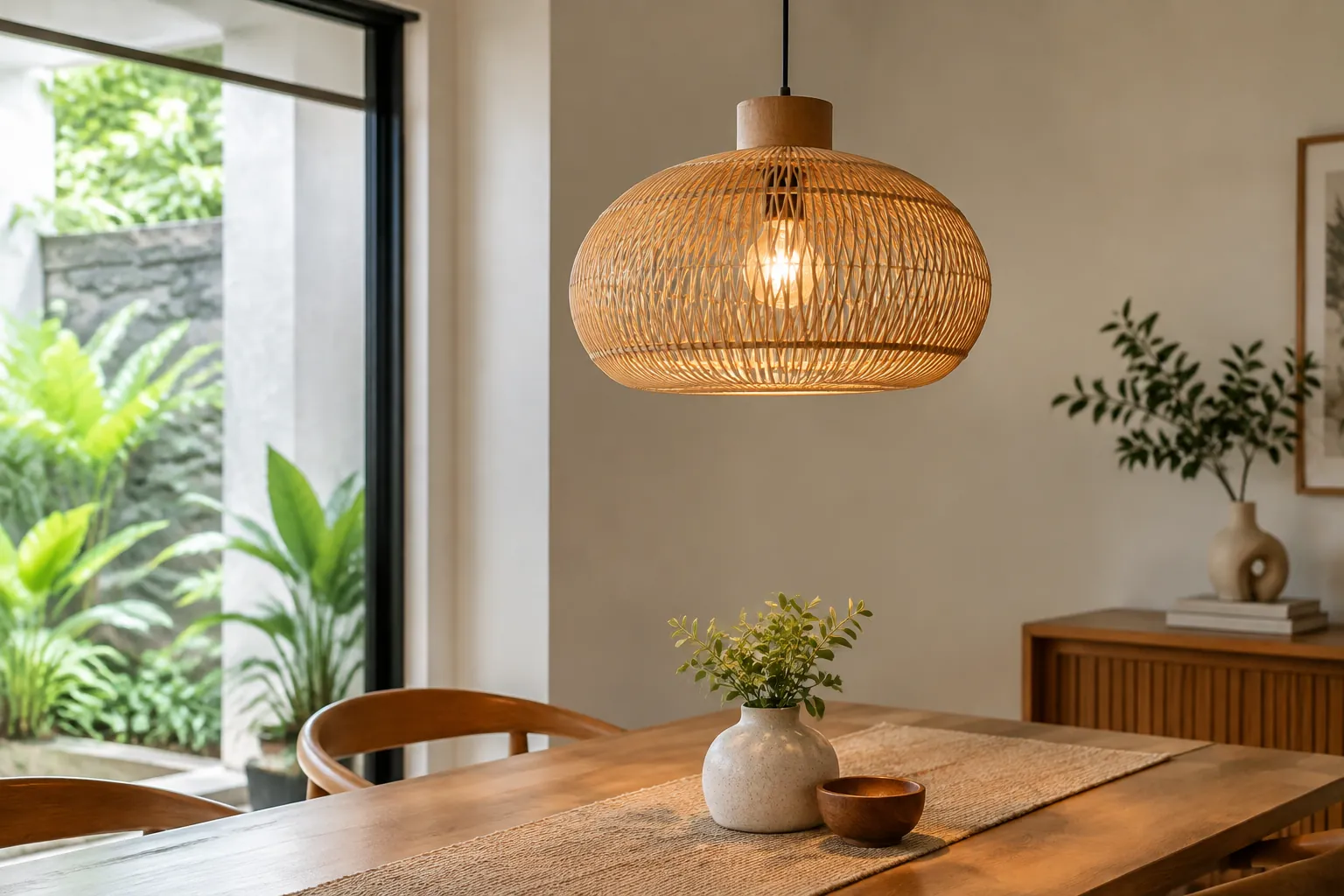 Lampu gantung rotan menerangi meja makan