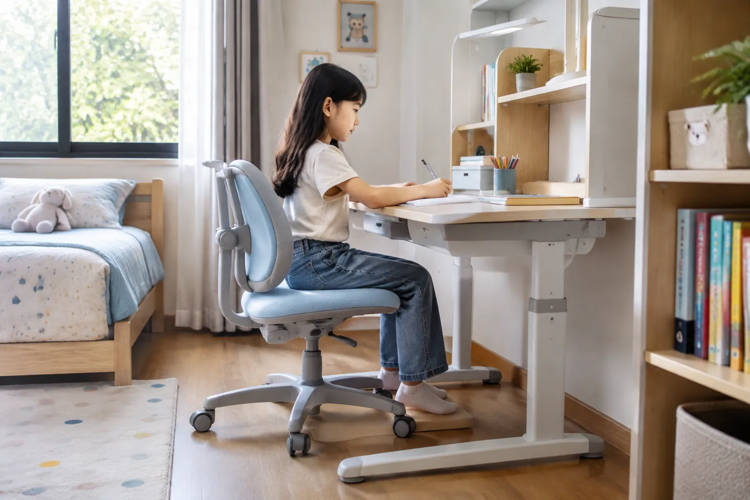 Anak duduk di kursi kerja dengan meja belajar di kamar