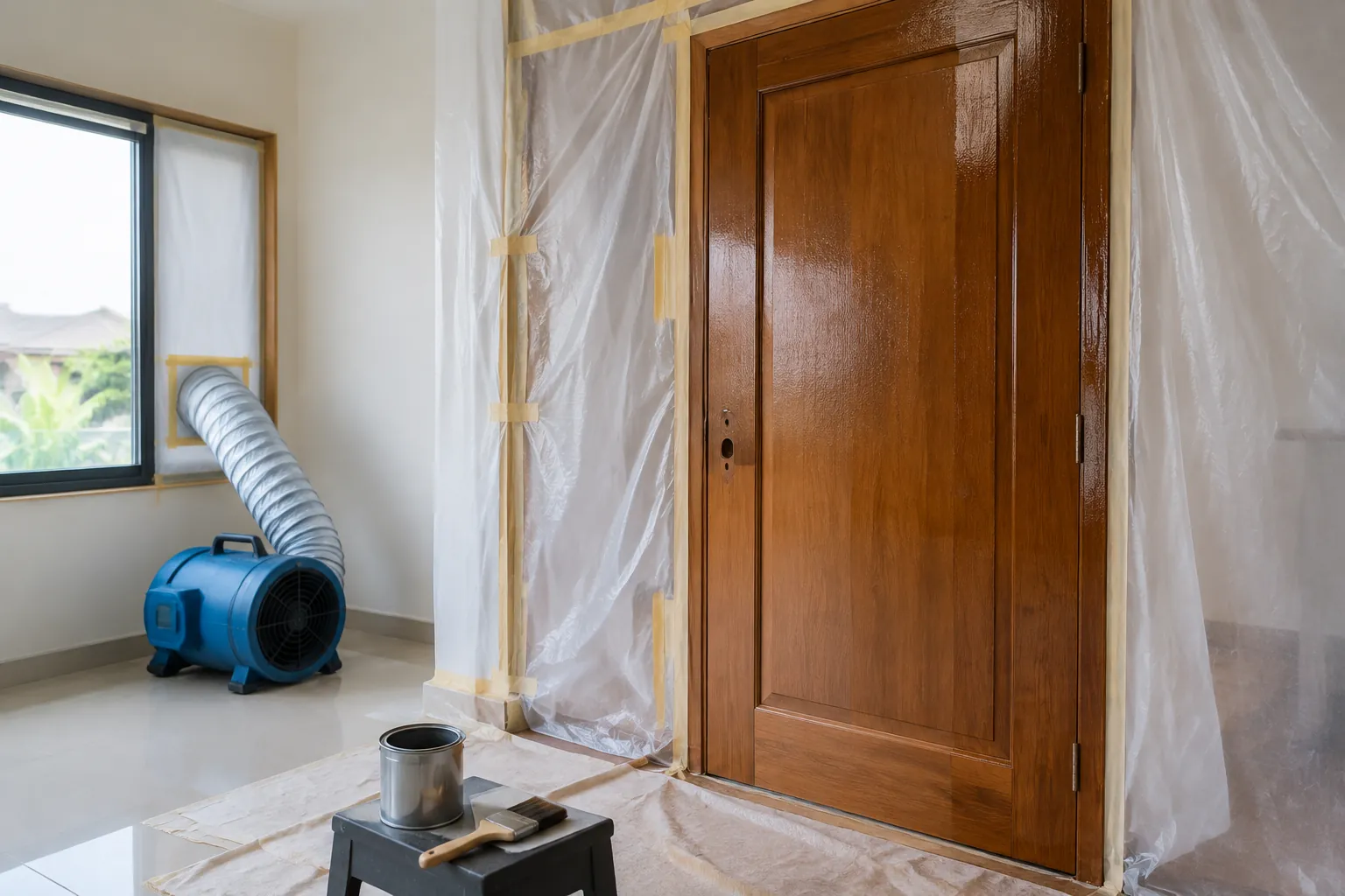 Pintu kayu dalam ruang kerja yang ditutup lembar pelindung