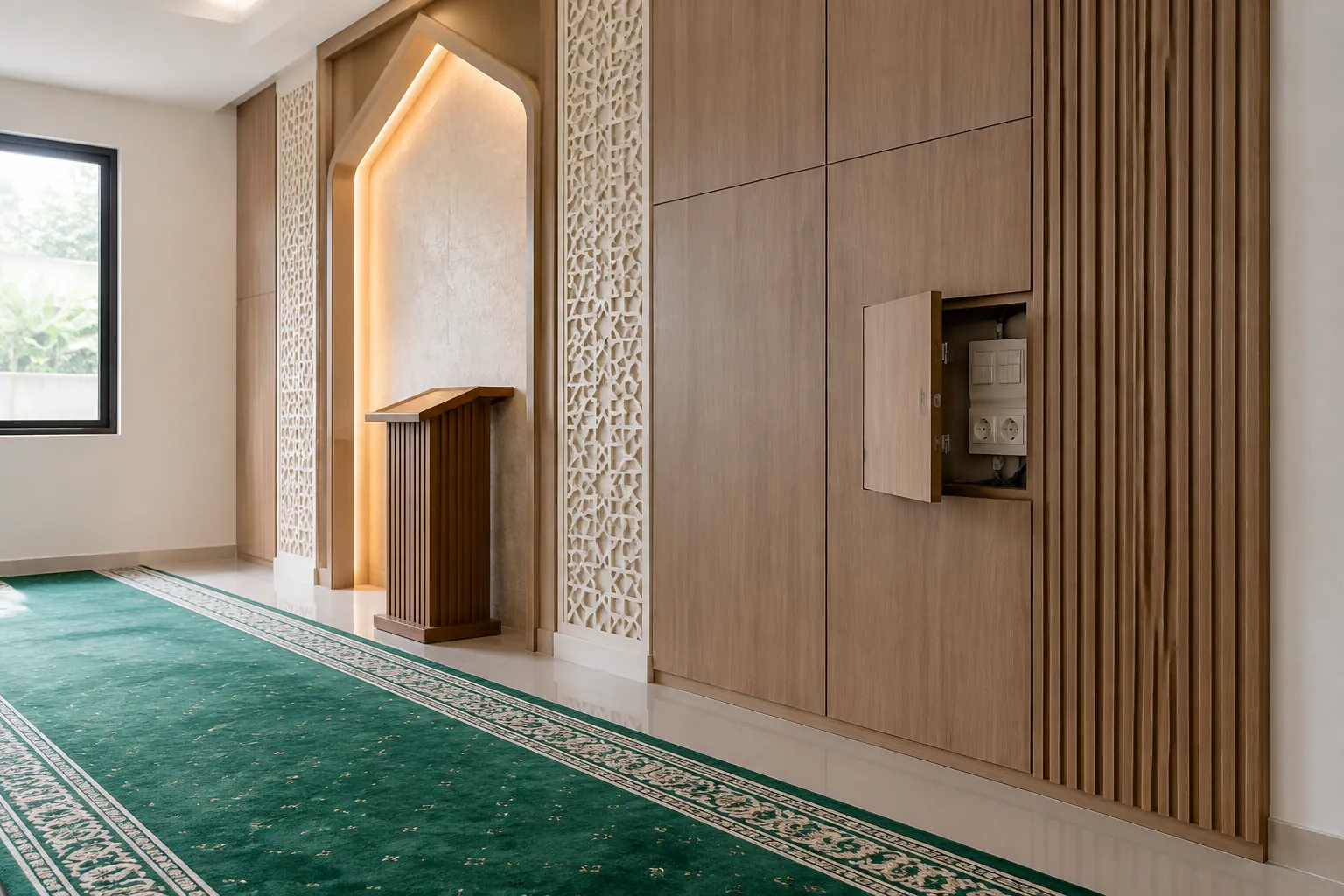 Panel kayu berbilah di sisi dinding mihrab