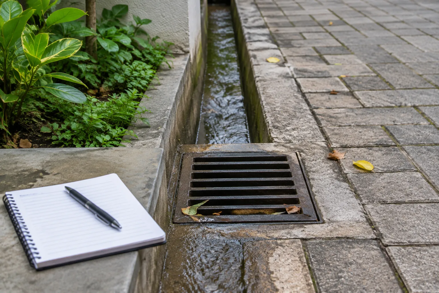 Buku catatan diletakkan di dekat kisi drainase halaman