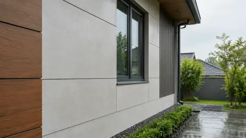 Fasad rumah dengan panel pelapis dan bukaan jendela