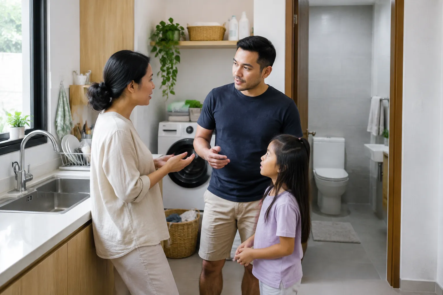 Penghuni mendiskusikan kebutuhan air di area dapur dan laundry