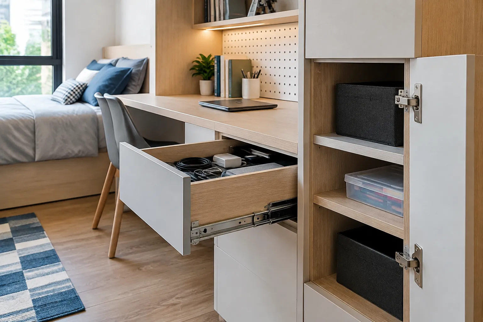 Laci meja dan pintu kabinet kamar yang terbuka