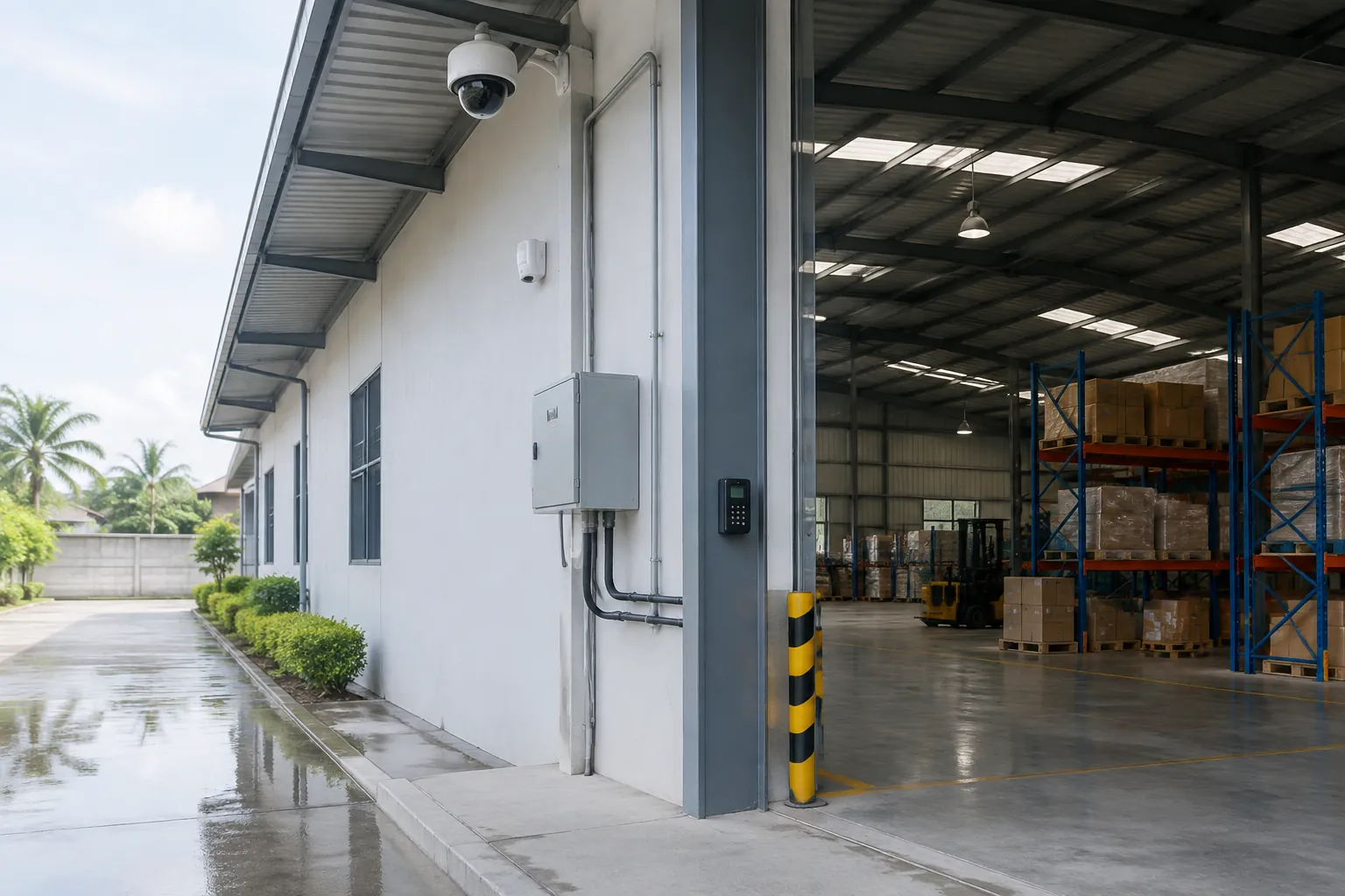 Kamera dan kotak kendali berada pada sudut pintu masuk gudang