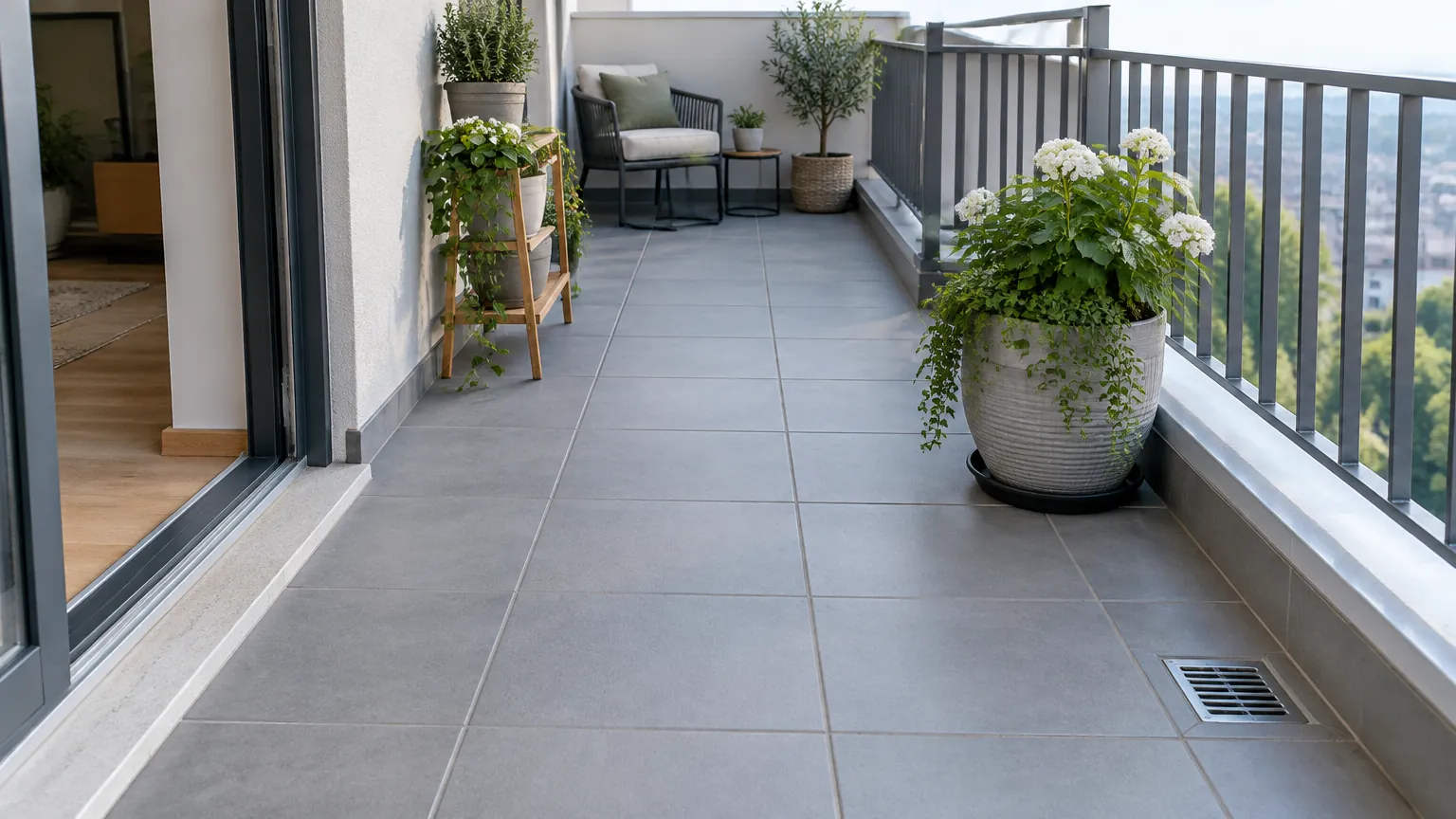 Balkon berlantai keramik dengan tanaman pot