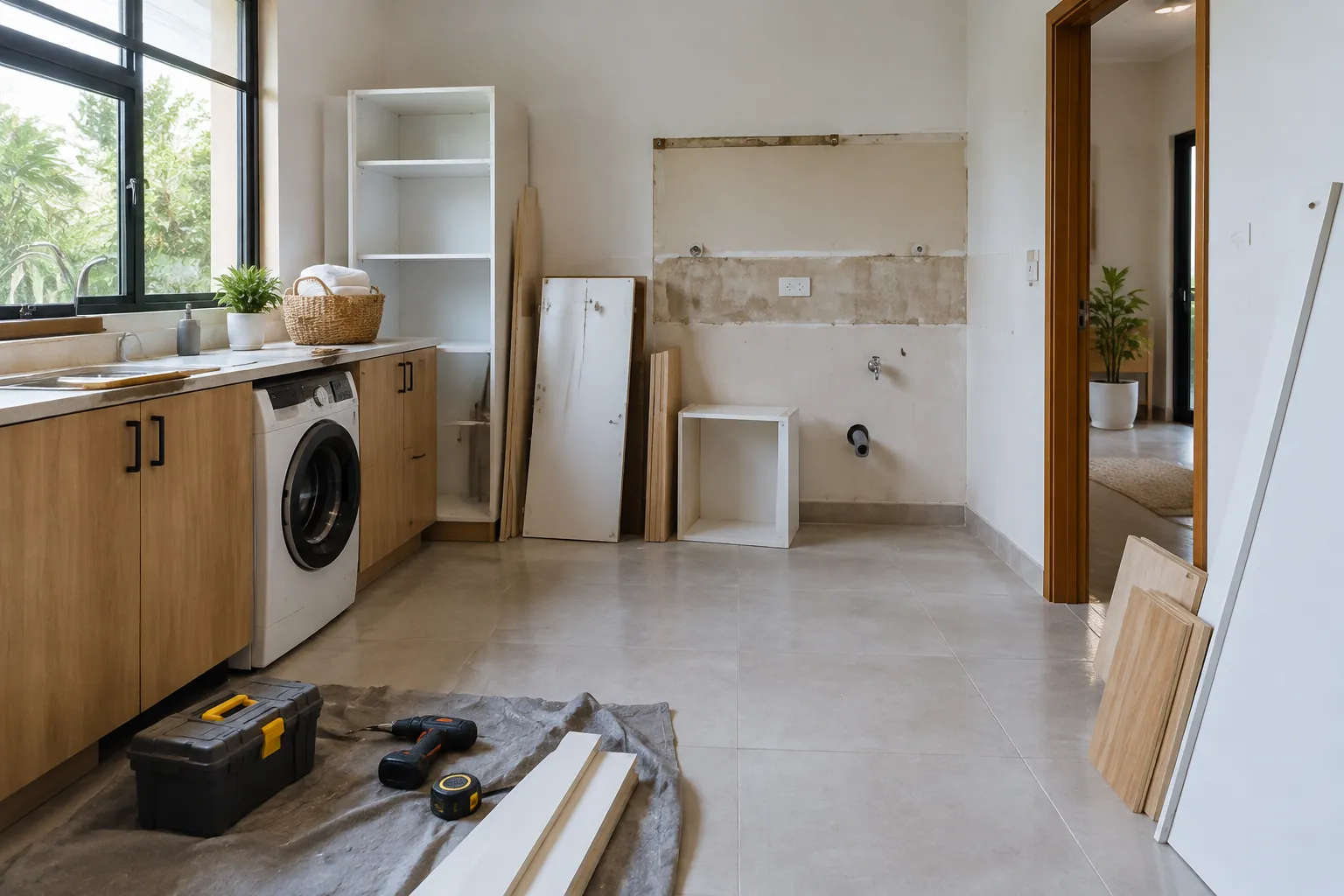 Material dan alat renovasi berada di lantai ruang laundry