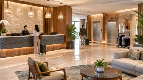 Lobi hotel dengan meja check-in dan tempat duduk