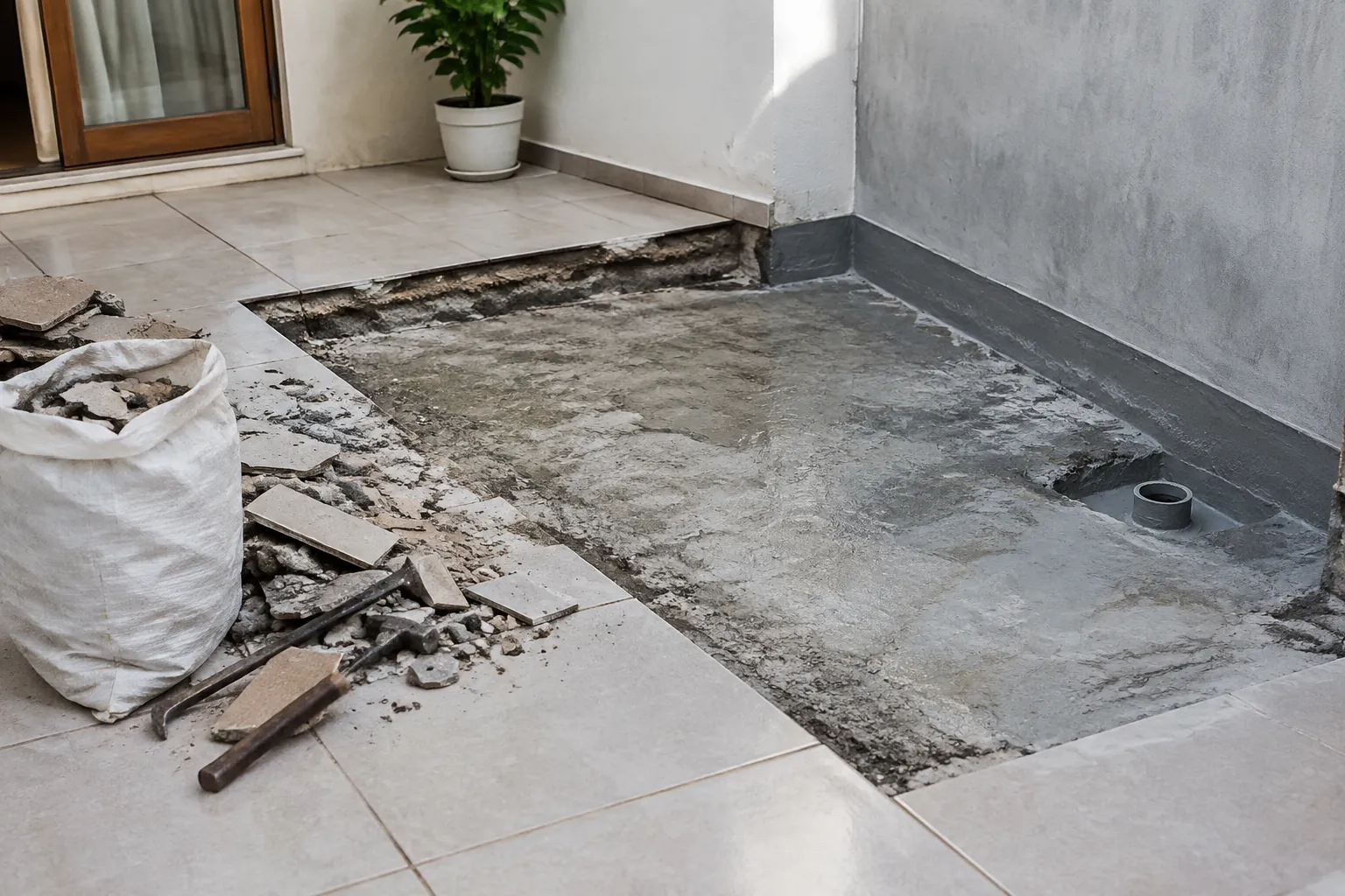 Lantai teras lama dibongkar sebelum pemasangan sistem waterproofing baru