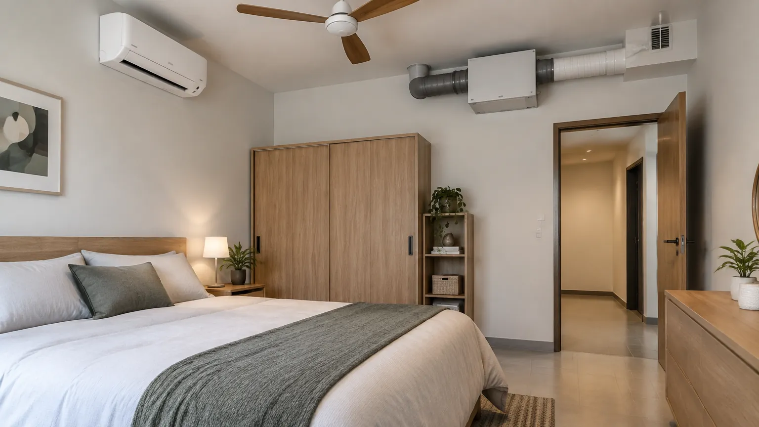 Kamar tidur tanpa jendela yang tampak dengan perangkat ventilasi pada dinding
