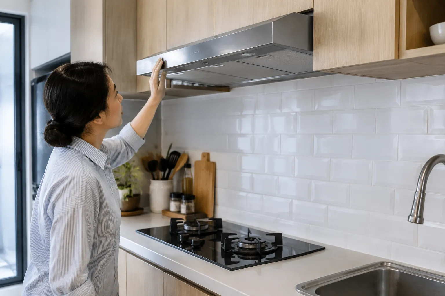 Seseorang memeriksa pengisap asap di atas kompor dapur