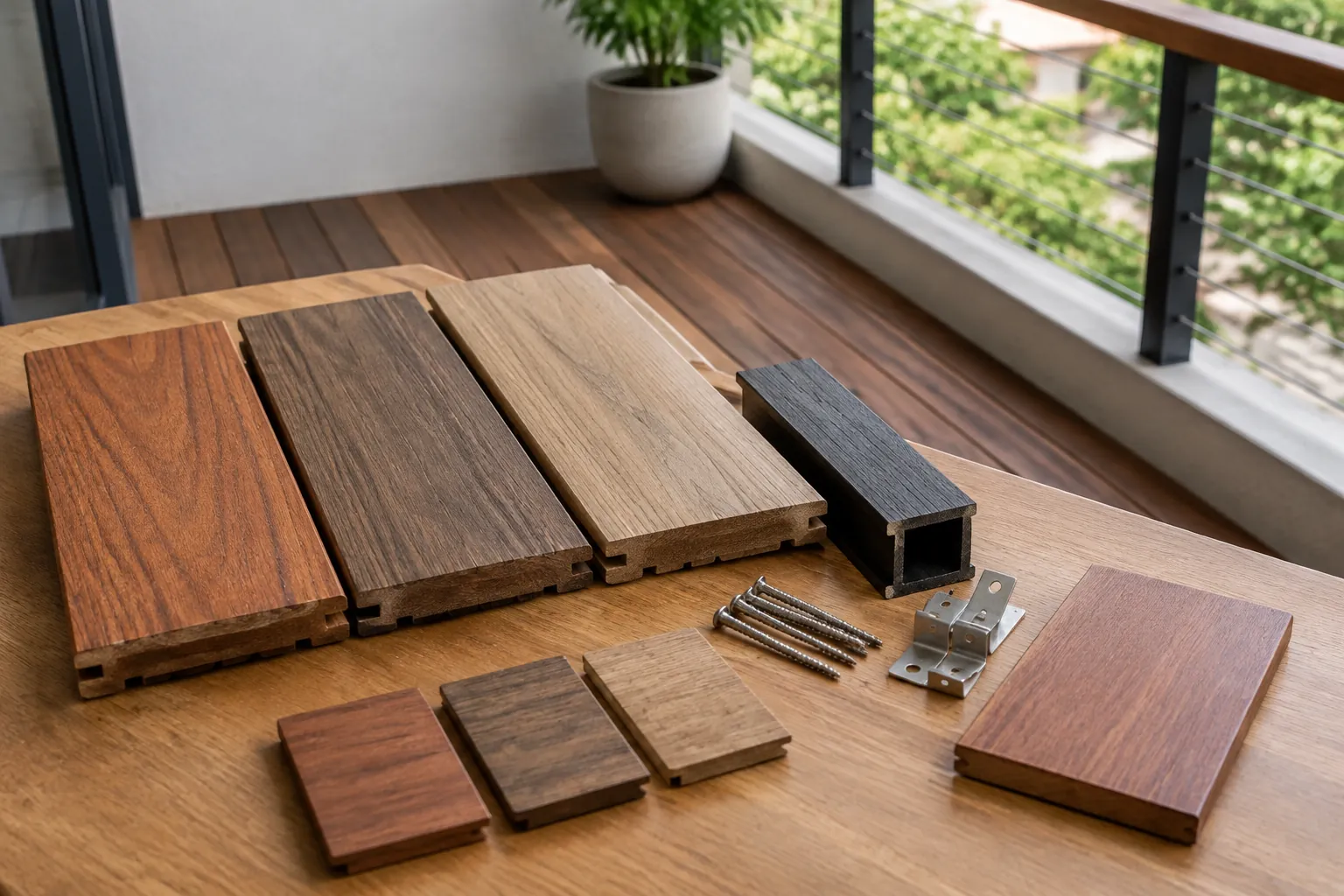 Sampel papan lantai kayu dengan variasi warna dan pengikat di balkon