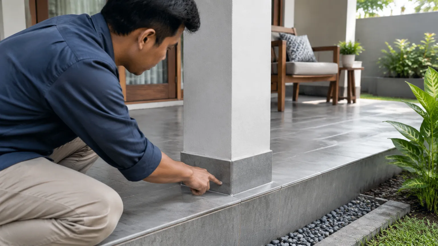 Seseorang memeriksa tepi lantai teras dekat tanaman