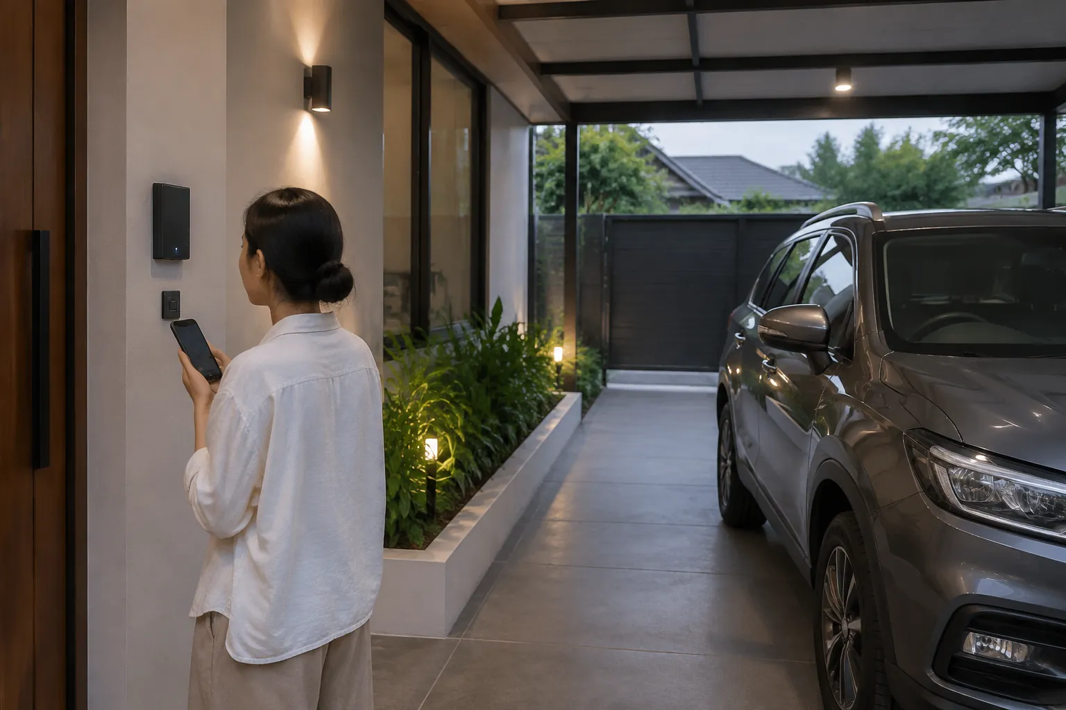 Seseorang memeriksa telepon berlayar gelap di dekat carport