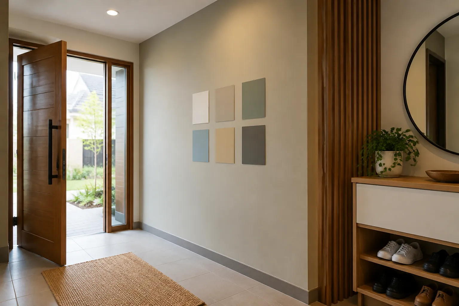 Contoh warna pada dinding foyer dekat pintu kayu
