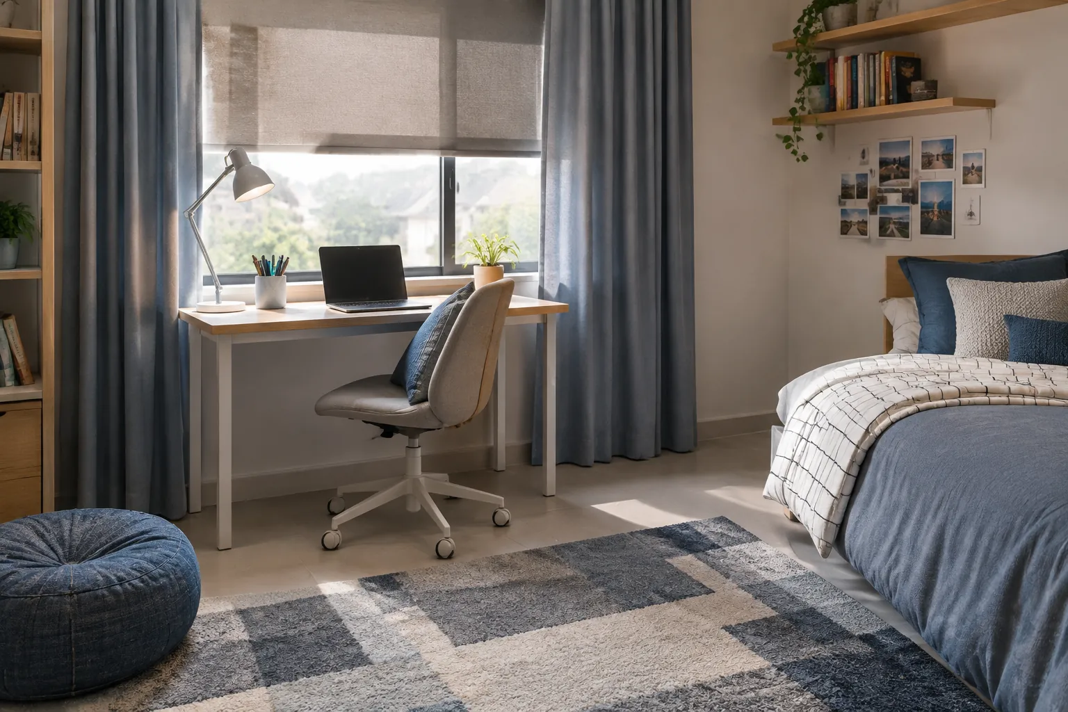 Kamar remaja dengan karpet bermotif dan tirai jendela