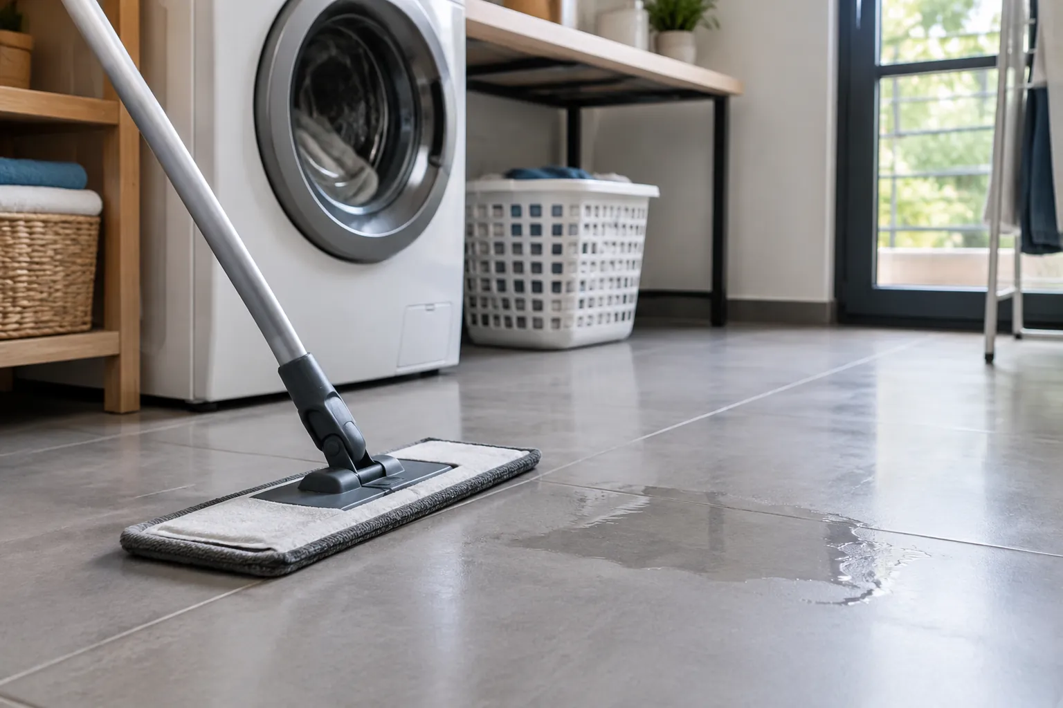 Alat pel membersihkan lantai laundry dekat mesin cuci