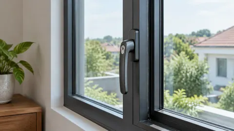 Gagang jendela logam pada bingkai hitam di dekat tanaman luar