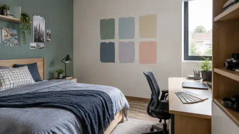 Kamar remaja dengan sampel warna pada dinding
