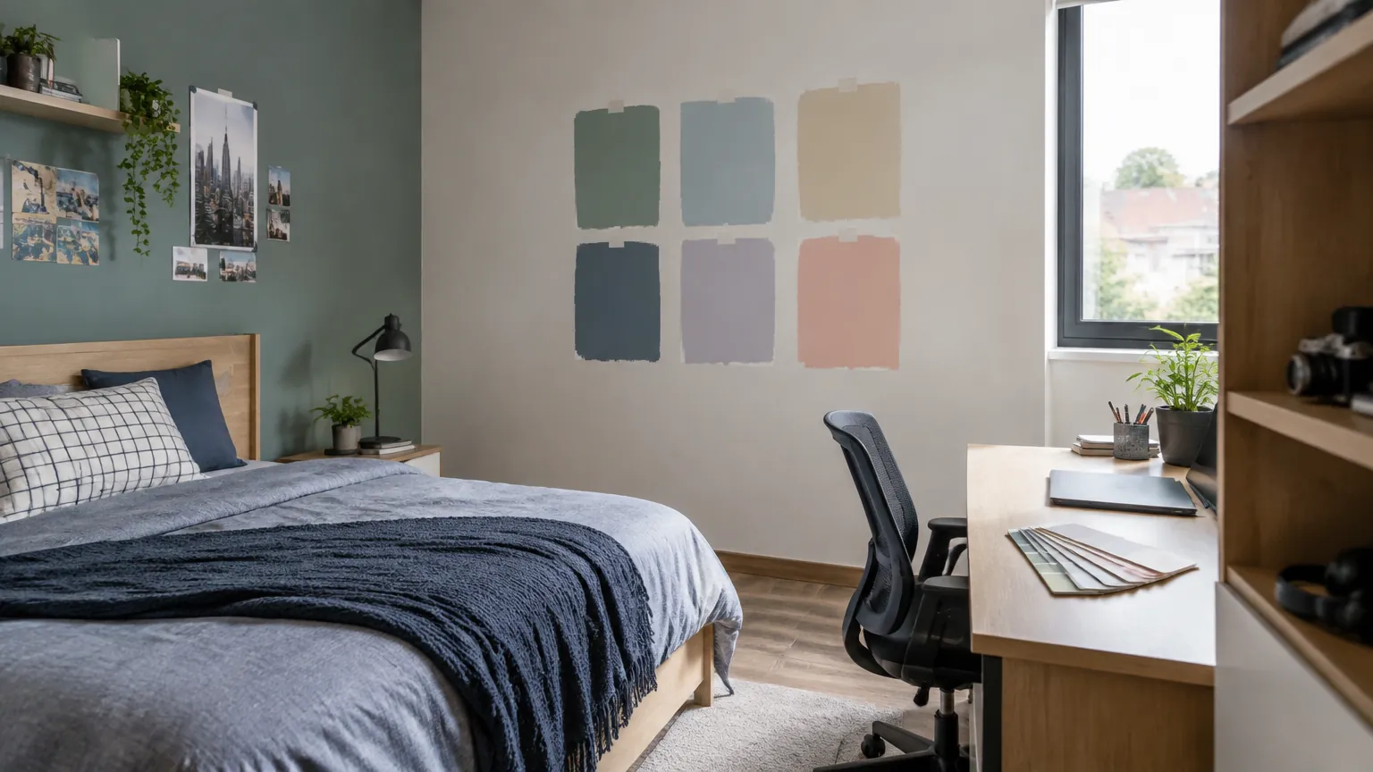 Kamar remaja dengan sampel warna pada dinding