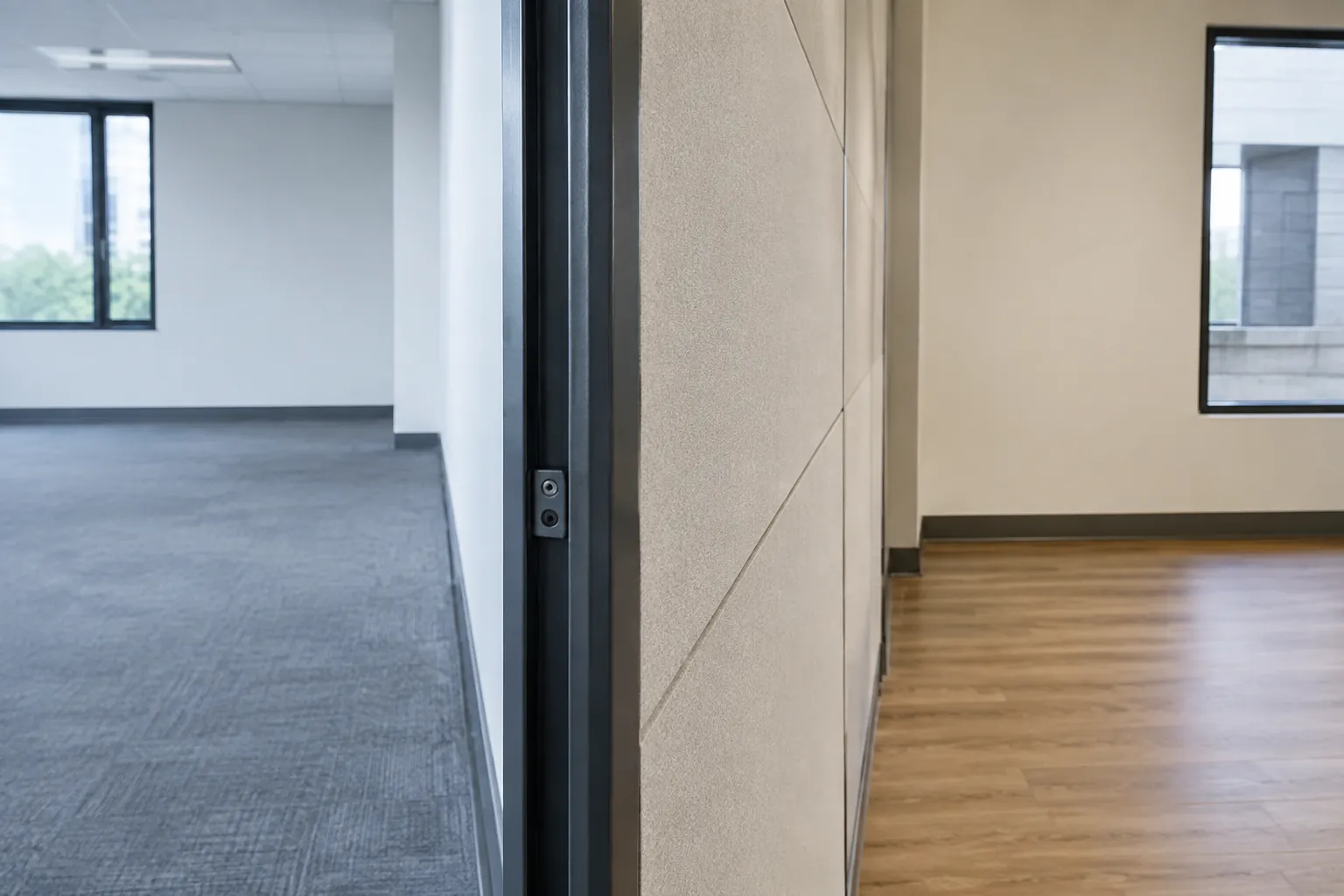 Sambungan panel partisi dan bingkai pintu di ruang kantor