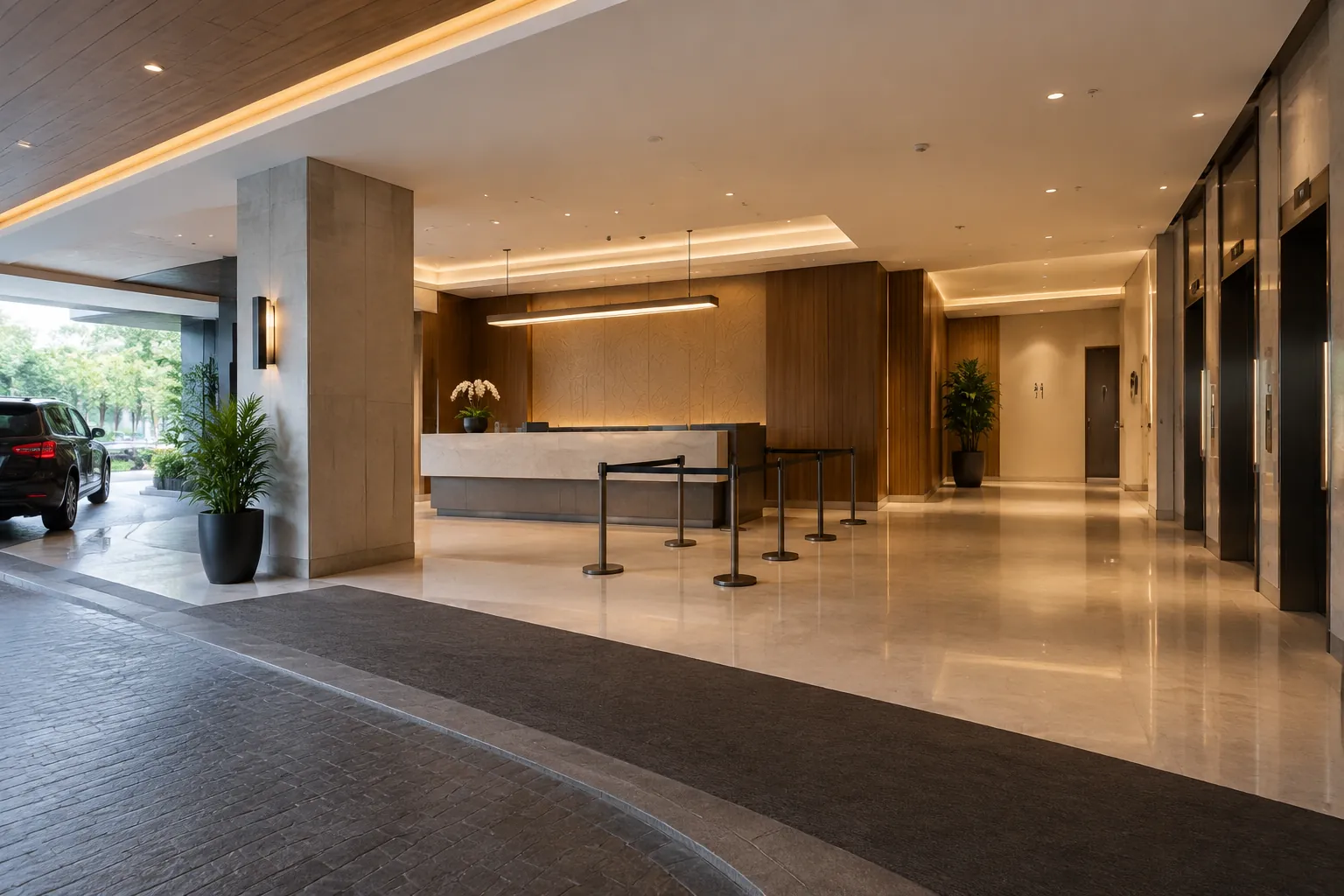 Area kedatangan hotel dengan meja resepsionis terlihat dari pintu masuk